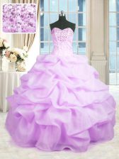 Wonderful Rose Pink Organza Lace Up Quinceanera Gowns Sleeveless Floor Length Beading and Ruffles