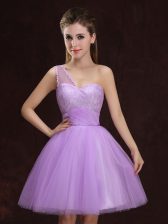 Cheap One Shoulder Lilac Lace Up Vestidos de Damas Lace and Ruching Sleeveless Mini Length