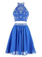 Custom Designed Beading Prom Dresses Blue Zipper Sleeveless Mini Length