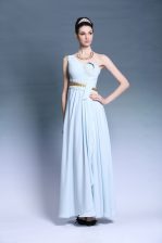  One Shoulder Sleeveless Chiffon Floor Length Backless Homecoming Dress in Light Blue with Ruching and Belt