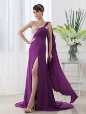  One Shoulder With Train Purple Prom Dress Elastic Woven Satin Brush Train Sleeveless Beading and Sashes ribbons