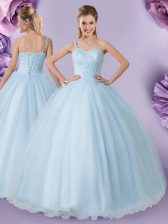 Popular Floor Length Light Blue Quince Ball Gowns One Shoulder Sleeveless Lace Up