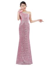 Shining Sequins Column/Sheath Prom Evening Gown Pink One Shoulder Sequined Sleeveless Floor Length Zipper