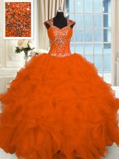 Customized Floor Length Lace Up 15th Birthday Dress Orange Red for Military Ball and Sweet 16 and Quinceanera with Beading and Ruffles