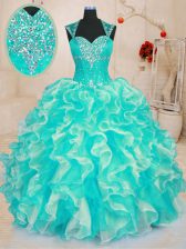 Customized Beading and Ruffles Quince Ball Gowns Turquoise Lace Up Sleeveless Floor Length