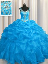 Popular See Through Zipper Up Blue Sleeveless Floor Length Appliques and Ruffles Zipper 15 Quinceanera Dress