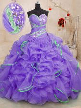 Custom Design Sleeveless With Train Beading and Ruffles Lace Up Quinceanera Dresses with Lavender Brush Train