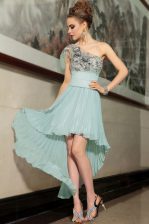 Elegant Pleated High Low Light Blue Prom Dress One Shoulder Sleeveless Side Zipper