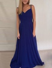  Scoop Royal Blue Sleeveless Ruching Backless Prom Party Dress