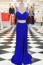  Scoop Sleeveless Sweep Train Zipper Prom Dresses Royal Blue Elastic Woven Satin