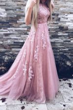  Scoop Zipper Prom Dresses Pink for Prom with Appliques and Sashes ribbons Sweep Train