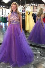  Scoop Lavender Sleeveless Floor Length Beading Backless Prom Evening Gown