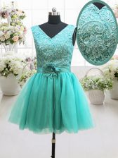 Most Popular Sleeveless Tulle Mini Length Lace Up Dress for Prom in Turquoise with Beading and Lace and Belt and Hand Made Flower