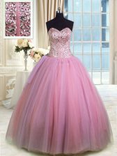 Enchanting Organza Sweetheart Sleeveless Lace Up Beading and Ruching Sweet 16 Dress in Rose Pink