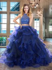 Colorful Halter Top Sleeveless Tulle Sweet 16 Dress Beading and Ruffles Brush Train Backless