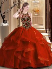 Artistic Scoop Ball Gowns Sleeveless Rust Red Quinceanera Gown Brush Train Backless
