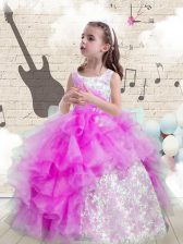 Stylish Scoop Sleeveless Organza Floor Length Lace Up Little Girl Pageant Dress in Purple with Beading and Ruffled Layers