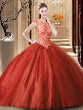 Modern Wine Red Tulle Lace Up Scoop Sleeveless 15 Quinceanera Dress Brush Train Beading