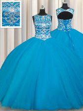 Dramatic Scoop Teal Tulle Lace Up Quince Ball Gowns Sleeveless Floor Length Beading