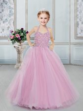 Lilac Ball Gowns Tulle Halter Top Sleeveless Beading Floor Length Lace Up Girls Pageant Dresses