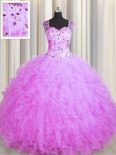  See Through Zipper Up Floor Length Lilac Ball Gown Prom Dress Square Sleeveless Zipper