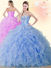  Blue Organza Lace Up Sweet 16 Dress Sleeveless Floor Length Beading and Ruffles