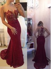 Extravagant Mermaid Scoop Sleeveless With Train Beading and Appliques and Bowknot Zipper Prom Gown with Burgundy Court Train