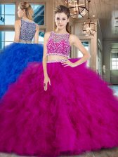 Captivating Fuchsia Two Pieces Bateau Sleeveless Tulle With Brush Train Side Zipper Beading and Ruffles Vestidos de Quinceanera