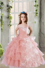  Floor Length Baby Pink Juniors Party Dress Organza Sleeveless Lace and Ruffled Layers