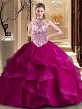 Admirable Halter Top With Train Lace Up Vestidos de Quinceanera Fuchsia for Military Ball and Sweet 16 and Quinceanera with Beading and Ruffles Brush Train
