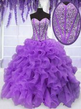 Attractive Purple Lace Up Quinceanera Dress Beading and Ruffles Sleeveless Floor Length