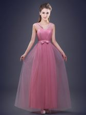 Enchanting Pink Sleeveless Floor Length Appliques and Ruching and Bowknot Lace Up Dama Dress