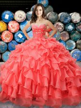 Cheap Coral Red Ball Gowns Beading and Ruffles 15th Birthday Dress Lace Up Organza Sleeveless Floor Length
