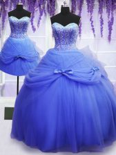 Fashionable Three Piece Floor Length Blue 15th Birthday Dress Tulle Sleeveless Beading and Bowknot