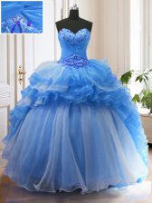  Blue Sleeveless With Train Beading and Ruffled Layers Lace Up Quince Ball Gowns