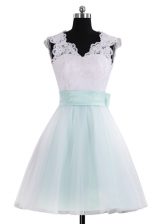 Custom Designed Tulle V-neck Sleeveless Zipper Lace and Sashes ribbons Prom Gown in Blue And White
