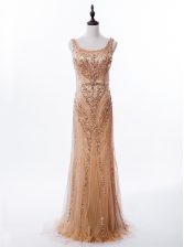 Custom Design Mermaid Sequins Square Sleeveless Brush Train Zipper Prom Gown Gold Satin and Tulle