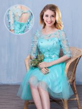 Free and Easy Aqua Blue Lace Up Scoop Lace and Appliques and Bowknot Court Dresses for Sweet 16 Tulle Half Sleeves