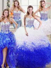 New Arrival Four Piece White and Blue Ball Gowns Organza Sweetheart Sleeveless Beading and Ruffles Floor Length Lace Up Sweet 16 Dress