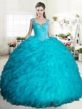 Spectacular Straps Aqua Blue Sleeveless Beading and Ruffles Floor Length Quinceanera Gown