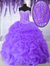  Purple Lace Up Ball Gown Prom Dress Beading and Ruffles Sleeveless Floor Length