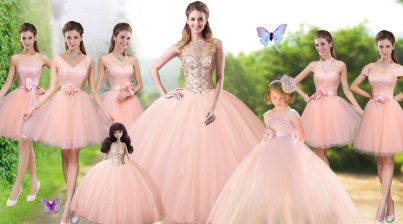 Glorious Peach Quinceanera Dress Military Ball and Sweet 16 and Quinceanera with Beading High-neck Sleeveless Lace Up