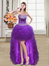 Pretty Eggplant Purple Ball Gowns Sweetheart Sleeveless Tulle Mini Length Lace Up Beading and Ruffles Prom Dresses
