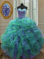 Glittering Multi-color Ball Gowns Beading and Ruffles Sweet 16 Dress Lace Up Organza Sleeveless Floor Length