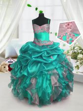  Pick Ups Turquoise Sleeveless Organza Lace Up Little Girls Pageant Gowns for Party and Wedding Party
