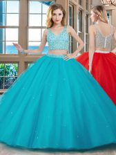 Sexy Aqua Blue Two Pieces Beading Quince Ball Gowns Zipper Tulle Sleeveless With Train