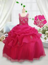 Graceful Square Beading and Pick Ups Little Girl Pageant Dress Hot Pink Zipper Sleeveless Floor Length