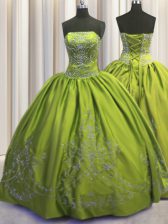  Embroidery Olive Green Sleeveless Taffeta Lace Up Quinceanera Gowns for Military Ball and Sweet 16 and Quinceanera