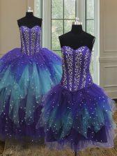 Cute Three Piece Sequins Sweetheart Sleeveless Lace Up Quinceanera Dress Multi-color Tulle