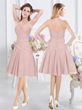  Pink A-line Ruching Court Dresses for Sweet 16 Zipper Chiffon Sleeveless Knee Length